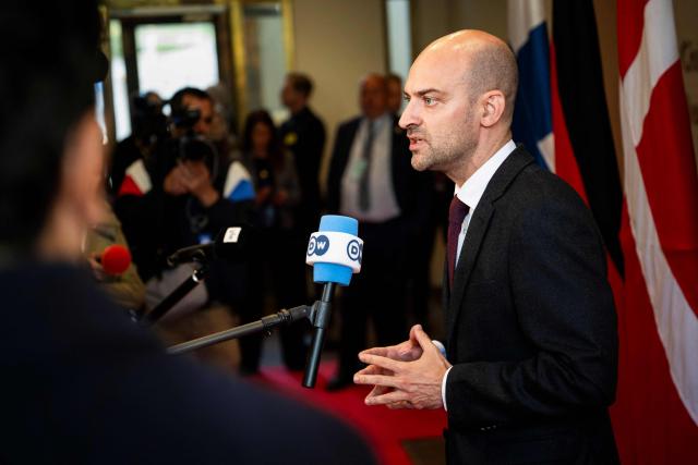 France's Minister for Europe and Foreign Affairs Jean-Noël Barrot speaks with journalists as he arrives at the Arktikum science centre to attend The European Arctic Summit in Rovaniemi, Finland, on September 14, 2026. EU leaders meet in Finland's northern city of Rovaniemi to discuss how to strengthen the bloc's presence in the Arctic amid an international showdown over the strategic region. US President Donald Trump's repeated threats to bring Greenland -- an autonomous Danish territory --  under US control, has triggered a diplomatic crisis among allies. (Photo by Jouni Porsanger / Lehtikuva / AFP) / Finland OUT