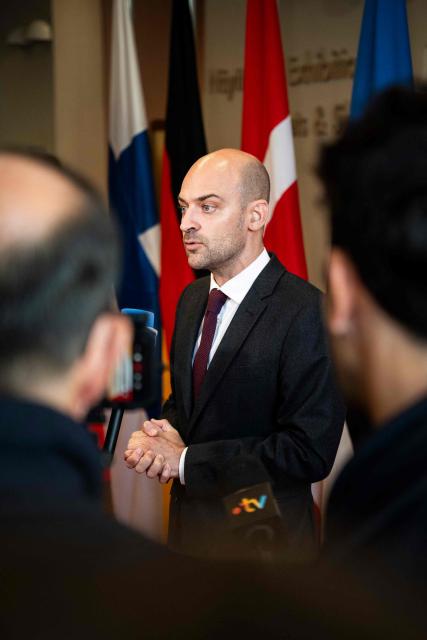 France's Minister for Europe and Foreign Affairs Jean-Noël Barrot speaks with journalists as he arrives at the Arktikum science centre to attend The European Arctic Summit in Rovaniemi, Finland, on September 14, 2026. EU leaders meet in Finland's northern city of Rovaniemi to discuss how to strengthen the bloc's presence in the Arctic amid an international showdown over the strategic region. US President Donald Trump's repeated threats to bring Greenland -- an autonomous Danish territory --  under US control, has triggered a diplomatic crisis among allies. (Photo by Jouni Porsanger / Lehtikuva / AFP) / Finland OUT