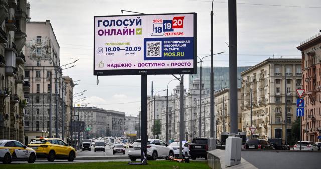 A billboard announcing the upcoming election to the Russian State Duma (lower house of Russia's Parliament) is seen in central Moscow on September 14, 2026. Russia will vote for the Duma's election on September 18-20, 2026. (Photo by Alexander NEMENOV / AFP)