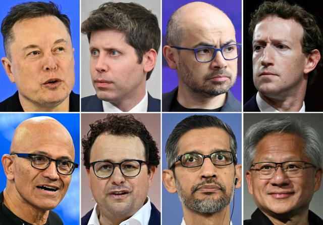 (COMBO) This combination of pictures created on September 14, 2026 shows (from top L, clockwise) Elon Musk in Davos on January 22, 2026, OpenAI CEO Sam Altman in Washington, DC, on July 22, 2025, DeepMind co-founder and chairman Demis Hassabis in London on July 9, 2025, Meta CEO Mark Zuckerberg in Washington, DC, on January 31, 2024, Microsoft CEO Satya Nadella in Davos on January 20, 2026, Anthropic CEO Dario Amodei in Paris on May 22, 2024, Google CEO Sundar Pichai in Warsaw, Poland, on February 13, 2025, and Nvidia CEO Jensen Huang in Tokyo on July 16, 2026. Top AI executives say they want to slow the breakneck pace of artificial intelligence development, but competition, US government reluctance and geopolitical factors stand in the way. On September 12, 2026, Anthropic CEO Dario Amodei advocated for a coordinated slowdown of AI development to better understand the risks arising from the technology's capabilities. He received public support from his counterpart at OpenAI, Sam Altman, as well as from Elon Musk and Google DeepMind chief Demis Hassabis. In recent months, OpenAI and Anthropic have reported several incidents in which AI systems spontaneously broke out of their confined environments to access the internet and attack websites and platforms. (Photo by AFP)