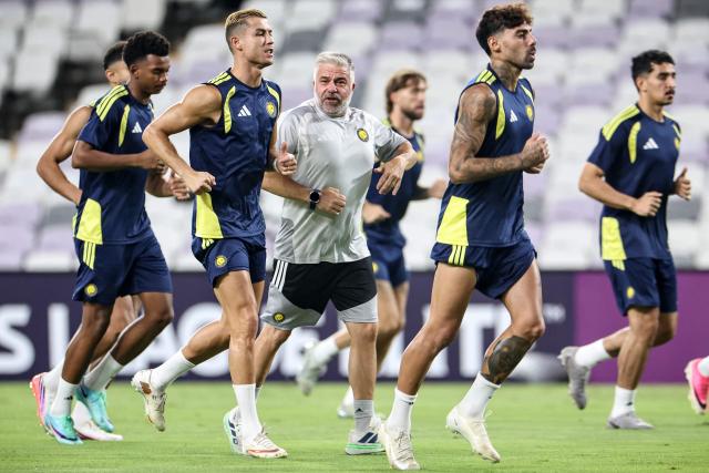Al-Nassr FC's Portuguese forward #07 Cristiano Ronaldo (3rd L) attends a training session on the eve of the AFC Champions League Elite (ACL) match between Al-Ain FC and Saudi's Al-Nassr FC, at the Azza Bin Zayed stadium in al-Ain on September 14, 2026. (Photo by FADEL SENNA / AFP)