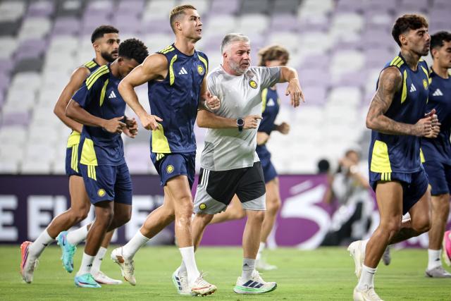 Al-Nassr FC's Portuguese forward #07 Cristiano Ronaldo (3rd L) attends a training session on the eve of the AFC Champions League Elite (ACL) match between Al-Ain FC and Saudi's Al-Nassr FC, at the Azza Bin Zayed stadium in al-Ain on September 14, 2026. (Photo by FADEL SENNA / AFP)