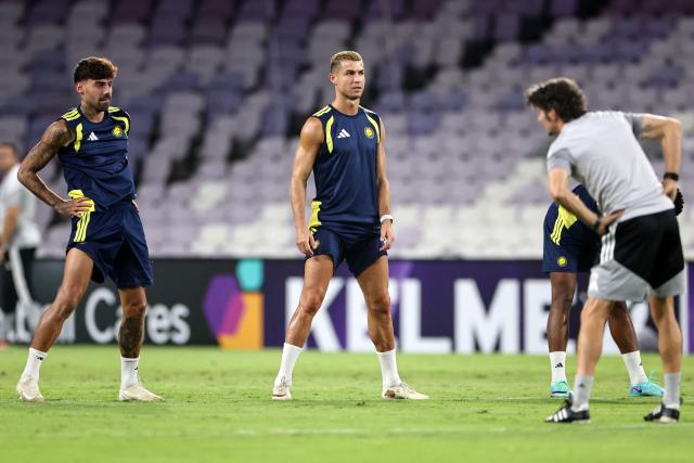 Al-Nassr FC's Portuguese forward #07 Cristiano Ronaldo (C) attends a training session on the eve of the AFC Champions League Elite (ACL) match between Al-Ain FC and Saudi's Al-Nassr FC, at the Azza Bin Zayed stadium in al-Ain on September 14, 2026. (Photo by FADEL SENNA / AFP)