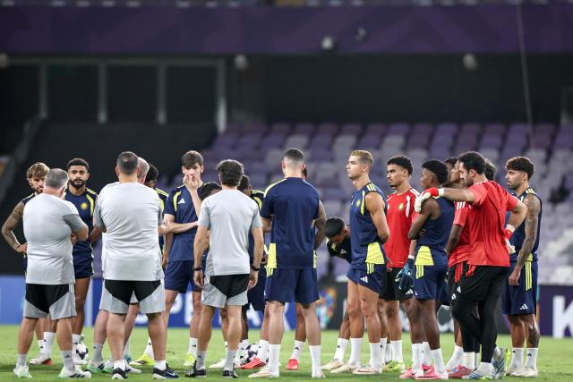 Al-Nassr's Portuguese forward #07 Cristiano Ronaldo (C-L) attends a training session on the eve of the AFC Champions League Elite (ACL) match between Al-Ain FC and Saudi's Al-Nassr FC, at the Azza Bin Zayed stadium in al-Ain on September 14, 2026. (Photo by FADEL SENNA / AFP)
