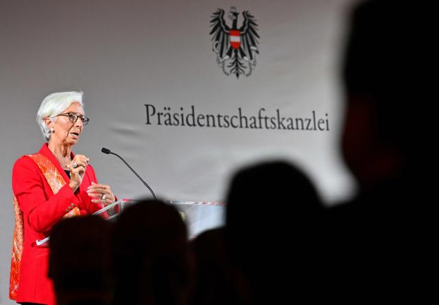 European Central Bank President Christine Lagarde speaks on stage during the event "Hofburg in Dialogue: Economy, Europe, Resilience" at the Hofburg Palace in Vienna, Austria, on September 14, 2026. (Photo by HANS KLAUS TECHT / APA / AFP) / Austria OUT