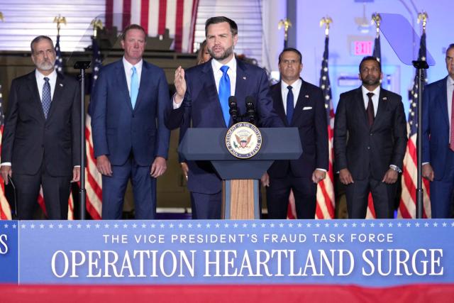 US Vice President JD Vance speaks during an event about fraud enforcement at the FBI field office in Kansas City, Missouri, on September 14, 2026. (Photo by Mark Schiefelbein / POOL / AFP)