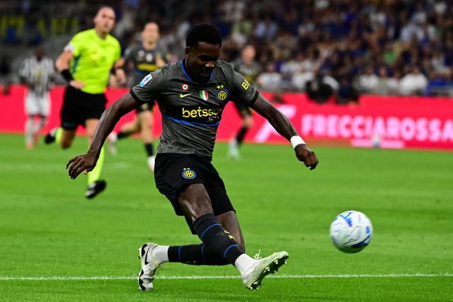 Inter Milan's French forward #09 Marcus Thuram shoots during the Italian Serie A football match between Inter Milan and Udinese at the San Siro Stadium in Milan, Italy on September 14, 2026. (Photo by Piero CRUCIATTI / AFP)