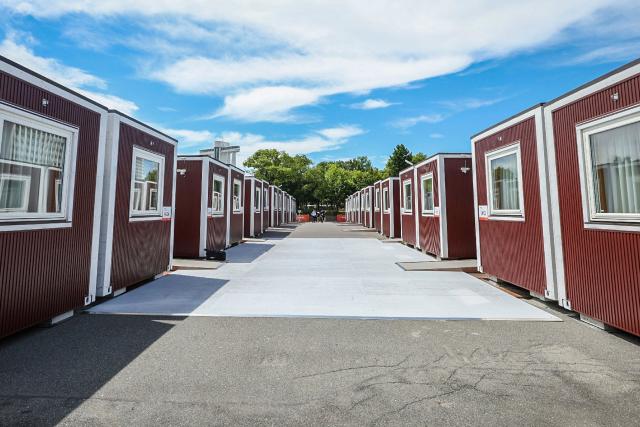 This picture taken on August 26, 2026 shows container-type accommodation facilities for athletes of the 2026 Asian Games in Nagoya, Aichi prefecture. (Photo by JIJI PRESS / AFP) / Japan OUT