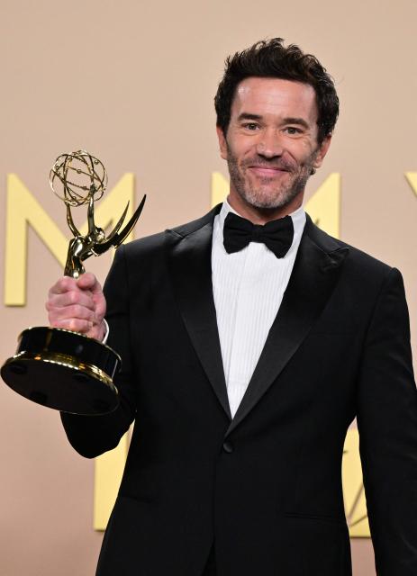 US actor Tom Pelphrey winner of Outstanding Supporting Actor in a Drama Series for "Task" poses in the press room during the 78th Primetime Emmy Awards at the Peacock Theatre at LA Live in Los Angeles on September 14, 2026. (Photo by Frederic J. Brown / AFP)