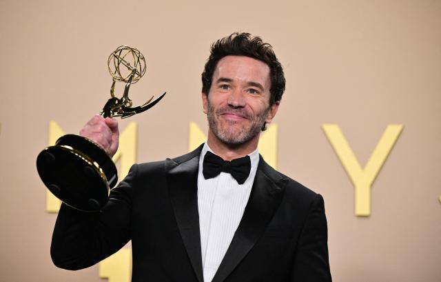US actor Tom Pelphrey winner of Outstanding Supporting Actor in a Drama Series for "Task" poses in the press room during the 78th Primetime Emmy Awards at the Peacock Theatre at LA Live in Los Angeles on September 14, 2026. (Photo by Frederic J. Brown / AFP)
