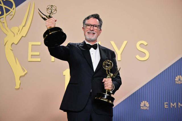 US comedian and writer Stephen Colbert winner of Outstanding Variety Series for "The Late Show with Stephen Colbert" and Outstanding Short Form Comedy, Drama or Variety Series for The Late Show digital/online program "Colbert Before Air" pose in the press room during the 78th Primetime Emmy Awards at the Peacock Theatre at LA Live in Los Angeles on September 14, 2026. (Photo by Frederic J. Brown / AFP)