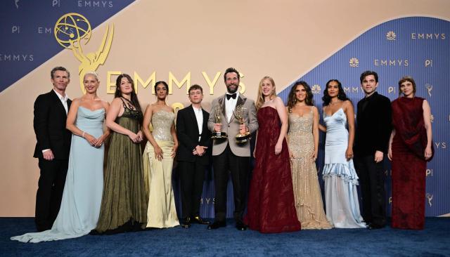 (From L) US actor Shawn Hatosy, US actress Katherine LaNasa, US actress Isa Briones, Australian actress Shabana Azeez, Welsh actor Gerran Howell, US actor Noah Wyle, US actress Taylor Dearden, Iranian-US actress Sepideh Moafi, US actress Supriya Ganesh, US actor Patrick Ball and US actress Fiona Dourif winners of Outstanding Drama Series for "The Pitt" pose in the press room during the 78th Primetime Emmy Awards at the Peacock Theatre at LA Live in Los Angeles on September 14, 2026. (Photo by Frederic J. Brown / AFP)