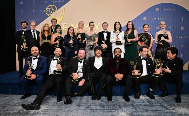Cast and crew of "Widow's Bay" winners of Outstanding Comedy Series for pose in the press room during the 78th Primetime Emmy Awards at the Peacock Theatre at LA Live in Los Angeles on September 14, 2026. (Photo by Frederic J. Brown / AFP)