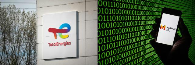 (COMBO) This combination of pictures created on September 15, 2026 shows (FILES) the logo of TotalEnergies (L) at the Total Energies refinery site in Gonfreville-l'Orcher, near Le Havre, northwestern France on October 5, 2022; and (FILES) the Mistral Ai logo on a smartphone in Mulhouse, eastern France on March 25, 2024. French oil and gas giant TotalEnergies announced on September 15, 2026 a three-year partnership with French artificial intelligence company Mistral, representing an investment of more than 100 million euros. The aim of this partnership is to “develop a new generation of frontier models in artificial intelligence to support TotalEnergies’ geoscience experts in the exploration, characterization and development of oil and gas reservoirs,” TotalEnergies said in a press release. (Photo by Lou BENOIST and SEBASTIEN BOZON / AFP)