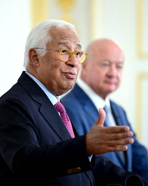 President of the European Council Antonio Costa (L) and Austria's Chancellor Christian Stocker attend a press conference after a meeting in Vienna, on September 15, 2026. (Photo by ROLAND SCHLAGER / APA / AFP) / Austria OUT