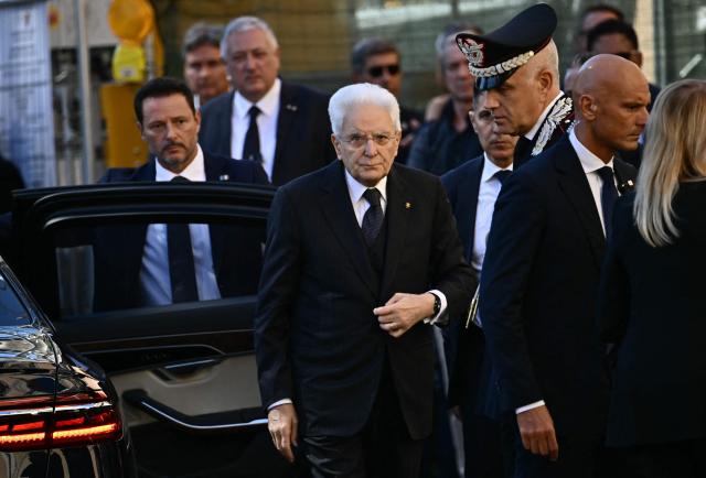 Italian President Sergio Mattarella arrives at the state funeral for Emma Bonino, a longtime Italian politician and one of the country's best-known advocates for civil and human rights, at Rome's city hall, in Rome, on September 15, 2026. (Photo by Filippo MONTEFORTE / AFP)
