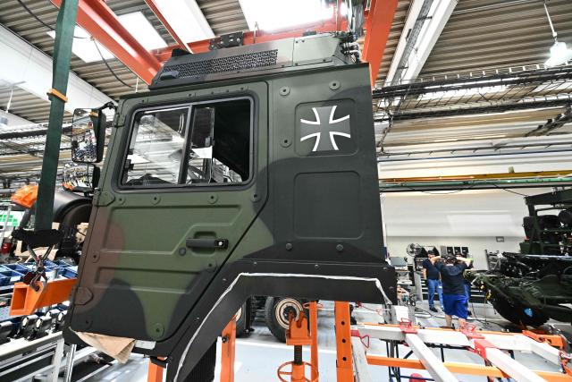 A cabin of a heavy dutu transporter is pictured at a production line of heavy duty transporters during a visit of the Austrian Chancellor at the Rheinmetall MAN Military Vehicles (RMMV) plant in Vienna-Liesing, Austria, on September 15, 2026. The Rheinmetall MAN Military Vehicles (RMMV) plant in Vienna is the biggest manufacturer of military vehicles in Europe. (Photo by Joe Klamar / AFP)