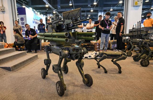 People look at robot dogs made for military and police usages and produced by Jushenzhiren company during the 14th China International Defence Electronics Exhibition (CIDEX) in Beijing on September 15, 2026. (Photo by ADEK BERRY / AFP)