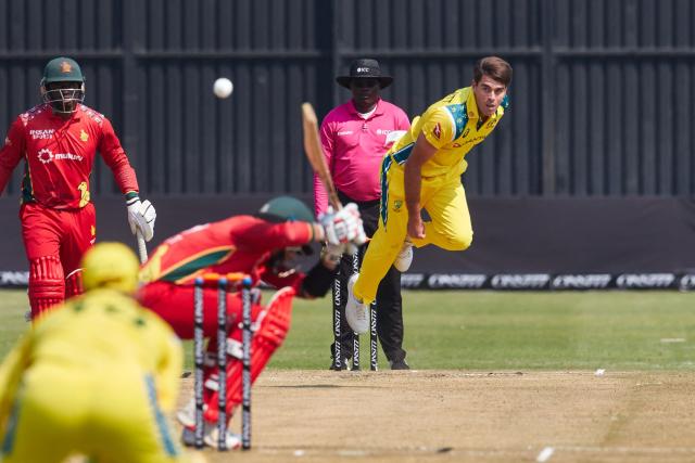 Australia's Xavier Bartlett delivers a ball during the first One Day International series played between hosts Zimbabwe and  Australia at Harare Sports Club on September 15, 2026 in Harare. (Photo by Jekesai NJIKIZANA / AFP)