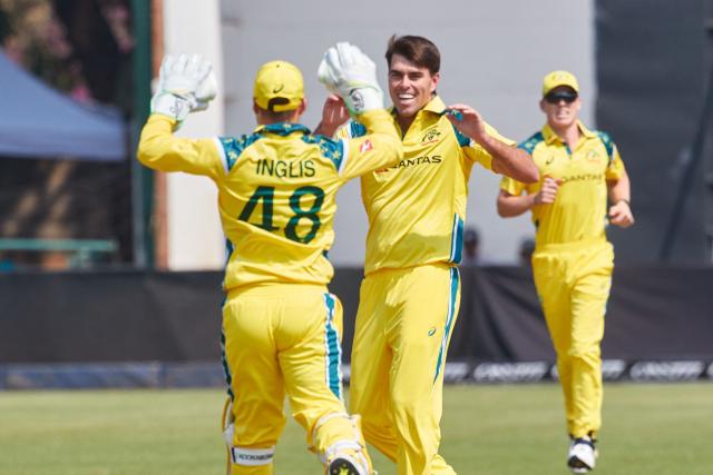 Australia's Xavier Bartlett celebrates the wicket of Ben Curran during the first One Day International series played between hosts Zimbabwe and  Australia at Harare Sports Club on September 15, 2026 in Harare. (Photo by Jekesai NJIKIZANA / AFP)