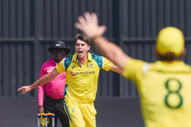 Australia's Xavier Bartlett appeals for a wicket during the first One Day International series played between hosts Zimbabwe and  Australia at Harare Sports Club on September 15, 2026 in Harare. (Photo by Jekesai NJIKIZANA / AFP)