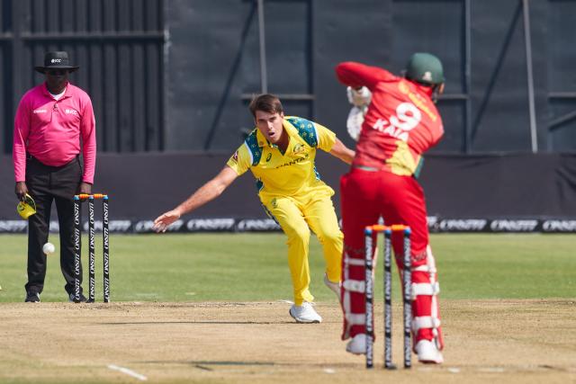 Australia's Xavier Bartlett fields off his own bowling during the first One Day International series played between hosts Zimbabwe and  Australia at Harare Sports Club on September 15, 2026 in Harare. (Photo by Jekesai NJIKIZANA / AFP)