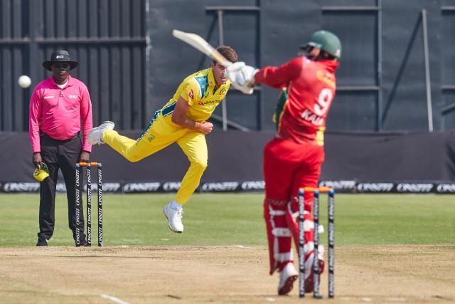 Australia's Xavier Bartlett delivers a ball during the first One Day International series played between hosts Zimbabwe and  Australia at Harare Sports Club on September 15, 2026 in Harare. (Photo by Jekesai NJIKIZANA / AFP)