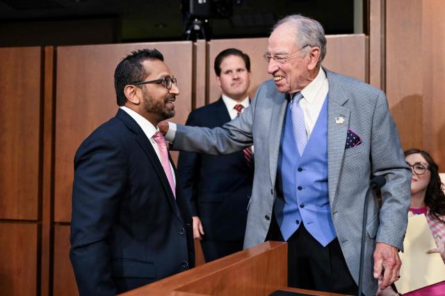 (L/R) FBI Director Kash Patel is greeted by Judiciary Committee chairman Senator Chuck Grassley, Republican from Iowa, as he arrives to testify during a Senate Judiciary Committee hearing on FBI oversight, on Capitol Hill in Washington, DC, on September 15, 2026. (Photo by Roberto Schmidt / AFP)