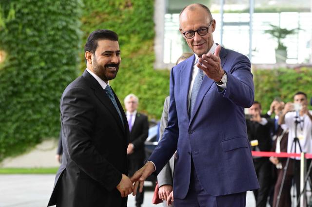 German Chancellor Friedrich Merz welcomes Iraq's Prime Minister Ali Falih Kadhim al-Zaidi on September 15, 2026 at the Chancellery in Berlin. (Photo by John MACDOUGALL / AFP)