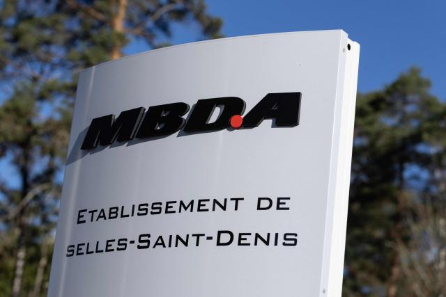 This photograph shows the MBDA logo at the MBDA multinational group plant, a corporation that designs and manufactures missiles and weapons in Selles-Saint-Denis on September 15, 2026. On September 15, 2026, the European missile manufacturer MBDA confirmed to AFP its plan to set up a new production site near Orléans, intended to support the sharp ramp-up in its missile production and which could eventually employ 400 people. (Photo by Alain JOCARD / AFP)