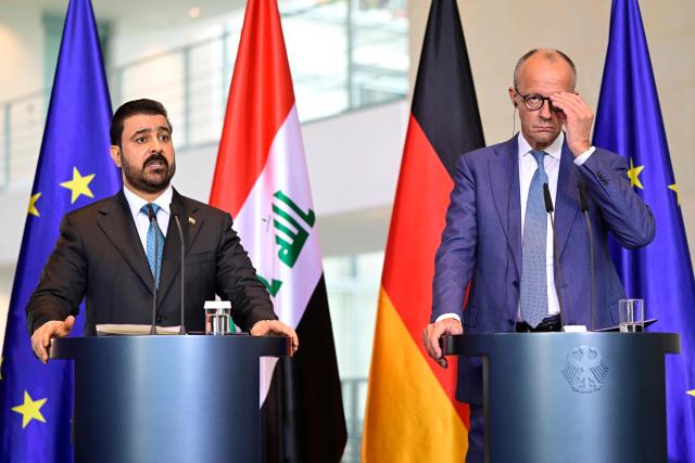 German Chancellor Friedrich Merz (R) and Iraq's Prime Minister Ali Falih Kadhim al-Zaidi deliver a joint press conference on September 15, 2026 at the Chancellery in Berlin. (Photo by John MACDOUGALL / AFP)