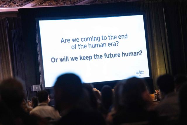 A slide is seen during a panel discussion during the The Pro-Human Assembly, convening the leadership of nearly every constituency of the pro-human movement in the wake of the rise of artificial intelligence, in Washington, DC, September 15, 2026. The event is organized by the Future of Life Institute, an advocacy group calling for human control of advanced artificial intelligence, avoiding concentration of power, and strong oversight. (Photo by SAUL LOEB / AFP)