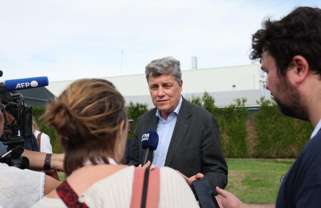Danone chief executive Antoine de Saint-Affrique answers journalists' questions in Steenvoorde on September 15, 2026, at the inauguration of Danone's largest medical nutrition production line in France. (Photo by Francois LO PRESTI / AFP)