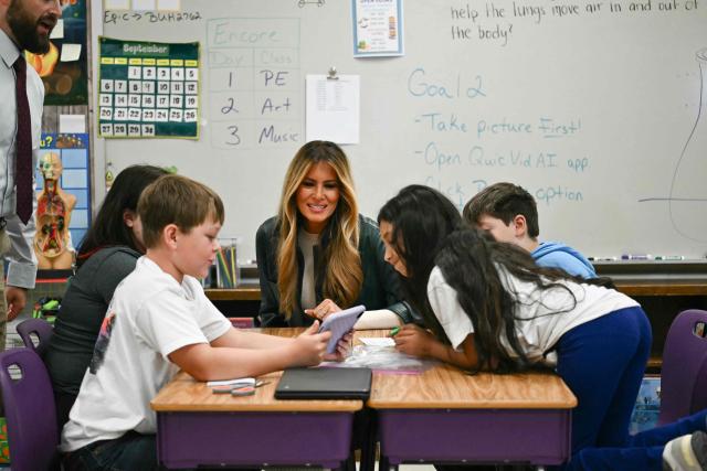 US First Lady Melania Trump meets with students at Mountain View Elementary School in Jefferson, North Carolina, on September 15, 2026. (Photo by Kent NISHIMURA / POOL / AFP)