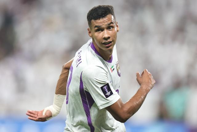Ain's Moroccan forward #13 Houssine Rahimi celebrates after scoring his team's first goal during the AFC Champions League Elite (ACL) football match between Al-Ain and Al-Nassr at the Azza Bin Zayed stadium in Al-Ain on September 15, 2026. (Photo by Fadel SENNA / AFP)