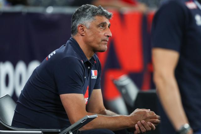 France's coach Andrea Giani is seen prior to the EuroVolley 2026 volleyball Pool D match France vs Germany in Cluj Napoca, Romania, September 15, 2026. (Photo by Simion Sebastian Tataru / AFP)