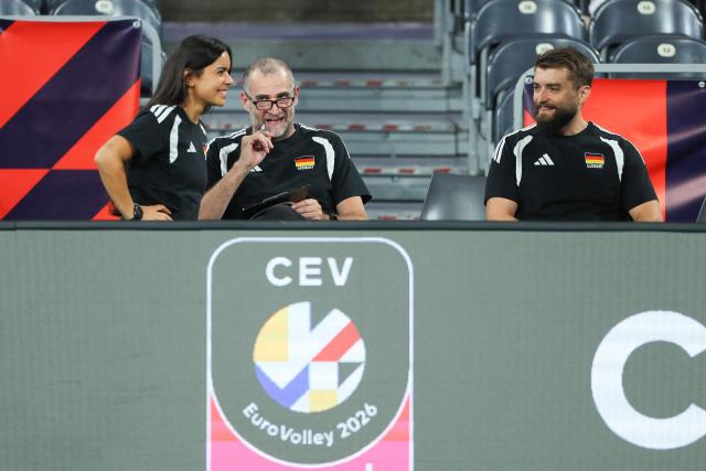 Germany's coach Massimo Botti is seen prior to the EuroVolley 2026 volleyball Pool D match France vs Germany in Cluj Napoca, Romania, September 15, 2026. (Photo by Simion Sebastian Tataru / AFP)