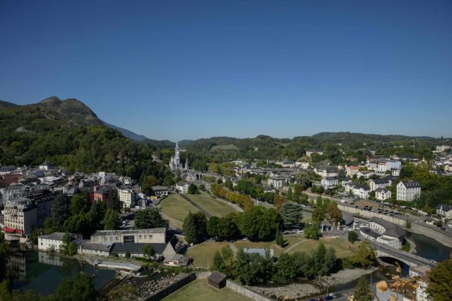 This photograph shows a general view of the Basilique Notre-Dame du Rosaire, in Lourdes on September 15, 2026. Pope Leo XIV will travel to Lourdes, a site of pilgrimage for Christians worldwide, where he will hold an open-air mass on Sunday, September 27, before presiding over another at the cathedral in the northeastern city of Metz on September 28. (Photo by Ed JONES / AFP)