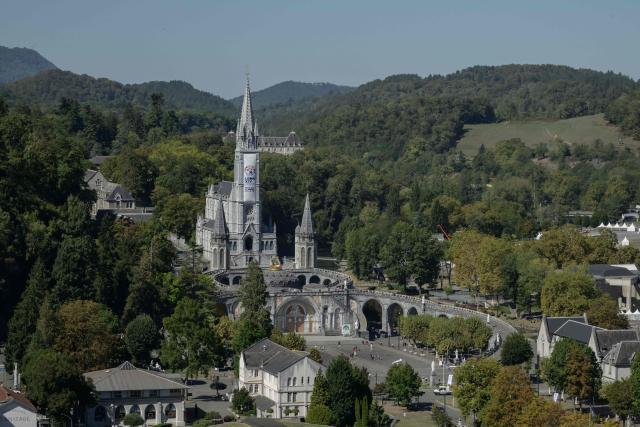 This photograph shows a general view of the Basilique Notre-Dame du Rosaire, in Lourdes on September 15, 2026. Pope Leo XIV will travel to Lourdes, a site of pilgrimage for Christians worldwide, where he will hold an open-air mass on Sunday, September 27, before presiding over another at the cathedral in the northeastern city of Metz on September 28. (Photo by Ed JONES / AFP)