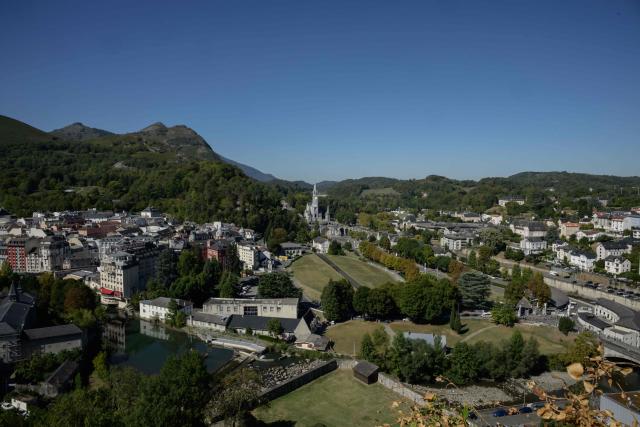 This photograph shows a general view with the Basilique Notre-Dame du Rosaire, in Lourdes on September 15, 2026. Pope Leo XIV will travel to Lourdes, a site of pilgrimage for Christians worldwide, where he will hold an open-air mass on Sunday, September 27, before presiding over another at the cathedral in the northeastern city of Metz on September 28. (Photo by Ed JONES / AFP)