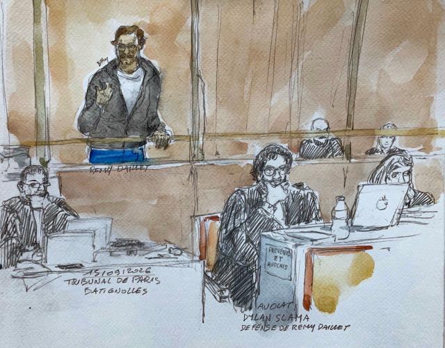 This court sketch made on September 15, 2026 shows defendant Remy Daillet (L) during the opening of his trial along with his far-right conspiracist group, held on charges of criminal association in relation to a terrorist enterprise and the 2021 kidnapping of an eight-year-old girl, at the Paris courthouse in the Batignolles district, in Paris. (Photo by Benoit PEYRUCQ / AFP)