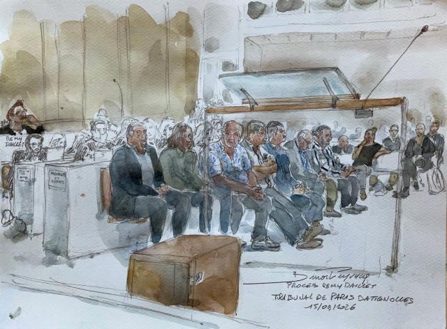 This court sketch made on September 15, 2026 shows defendant Remy Daillet (L) during the opening of his trial along with his far-right conspiracist group (front row), held on charges of criminal association in relation to a terrorist enterprise and the 2021 kidnapping of an eight-year-old girl, at the Paris courthouse in the Batignolles district, in Paris. (Photo by Benoit PEYRUCQ / AFP)