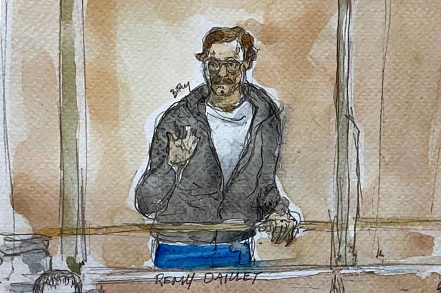 This court sketch made on September 15, 2026 shows defendant Remy Daillet during the opening of his trial along with his far-right conspiracist group, held on charges of criminal association in relation to a terrorist enterprise and the 2021 kidnapping of an eight-year-old girl, at the Paris courthouse in the Batignolles district, in Paris. (Photo by Benoit PEYRUCQ / AFP)