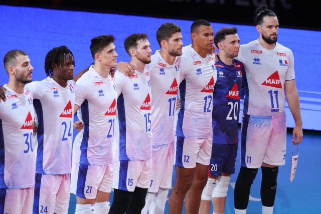 France's players line up prior the Men's EuroVolley 2026 match between France and Germany at the BT Arena in Cluj-Napoca, Romania, on September 15, 2026. (Photo by Simion Sebastian Tataru / AFP)