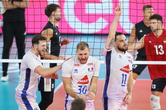 France's players celebrate during the Men's EuroVolley 2026 match between France and Germany at the BT Arena in Cluj-Napoca, Romania, on September 15, 2026. (Photo by Simion Sebastian Tataru / AFP)