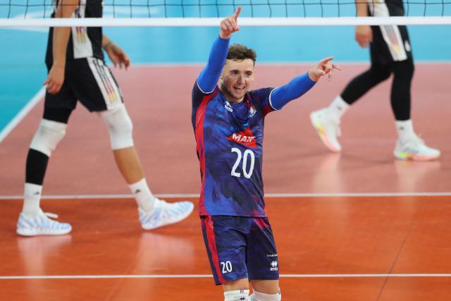 France's Benjamin Diez reacts during the Men's EuroVolley 2026 match between France and Germany at the BT Arena in Cluj-Napoca, Romania, on September 15, 2026. (Photo by Simion Sebastian Tataru / AFP)