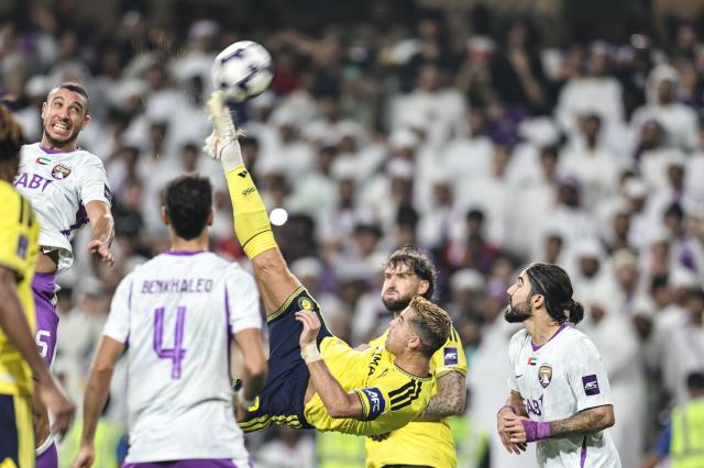 Nassr's Portuguese forward #07 Cristiano Ronaldo attempts a scissors kick during the AFC Champions League Elite (ACL) football match between Al-Ain and Al-Nassr at the Azza Bin Zayed stadium in Al-Ain on September 15, 2026. (Photo by Fadel SENNA / AFP)