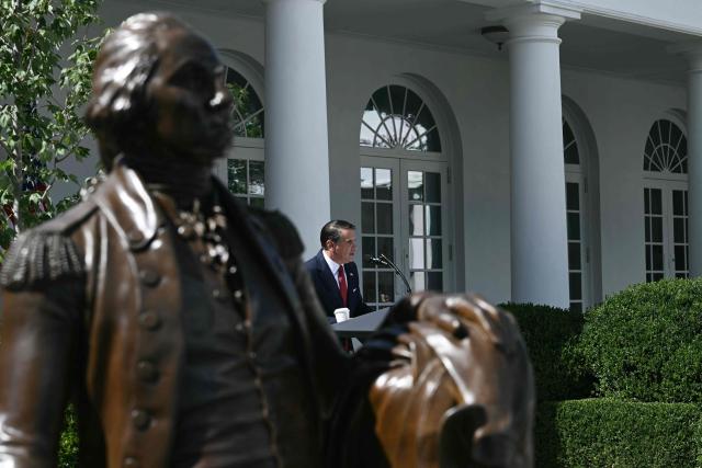 A statue of former US President George Washington is seen as US Attorney General Todd Blanche speaks during a briefing at the White House in Washington, DC, on September 15, 2026. (Photo by Brendan SMIALOWSKI / AFP)