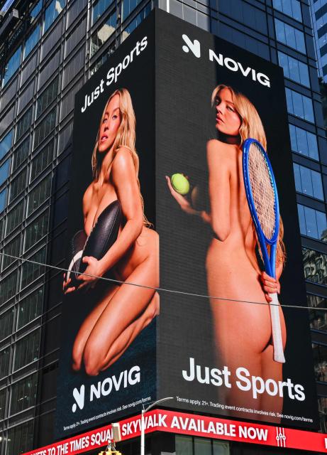 US actress Sydney Sweeney appears in an advertising campaign for sports betting app Novig on a billboard in Times Square in New York City on September 15, 2026. Actor Sydney Sweeney has been condemned by leading women athletes for a sports betting advert in which the American appears in various states of undress. (Photo by ANGELA WEISS / AFP)