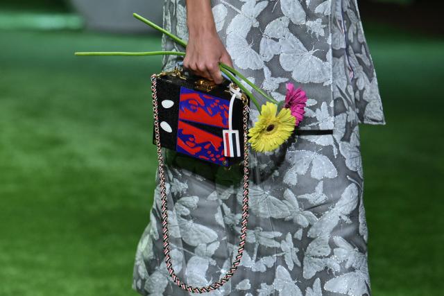 Bag details are seen on a model walking the runway during the 2027 Spring/Summer Thom Browne show as part of New York Fashion Week in New York on September 15, 2026. (Photo by ANGELA WEISS / AFP)